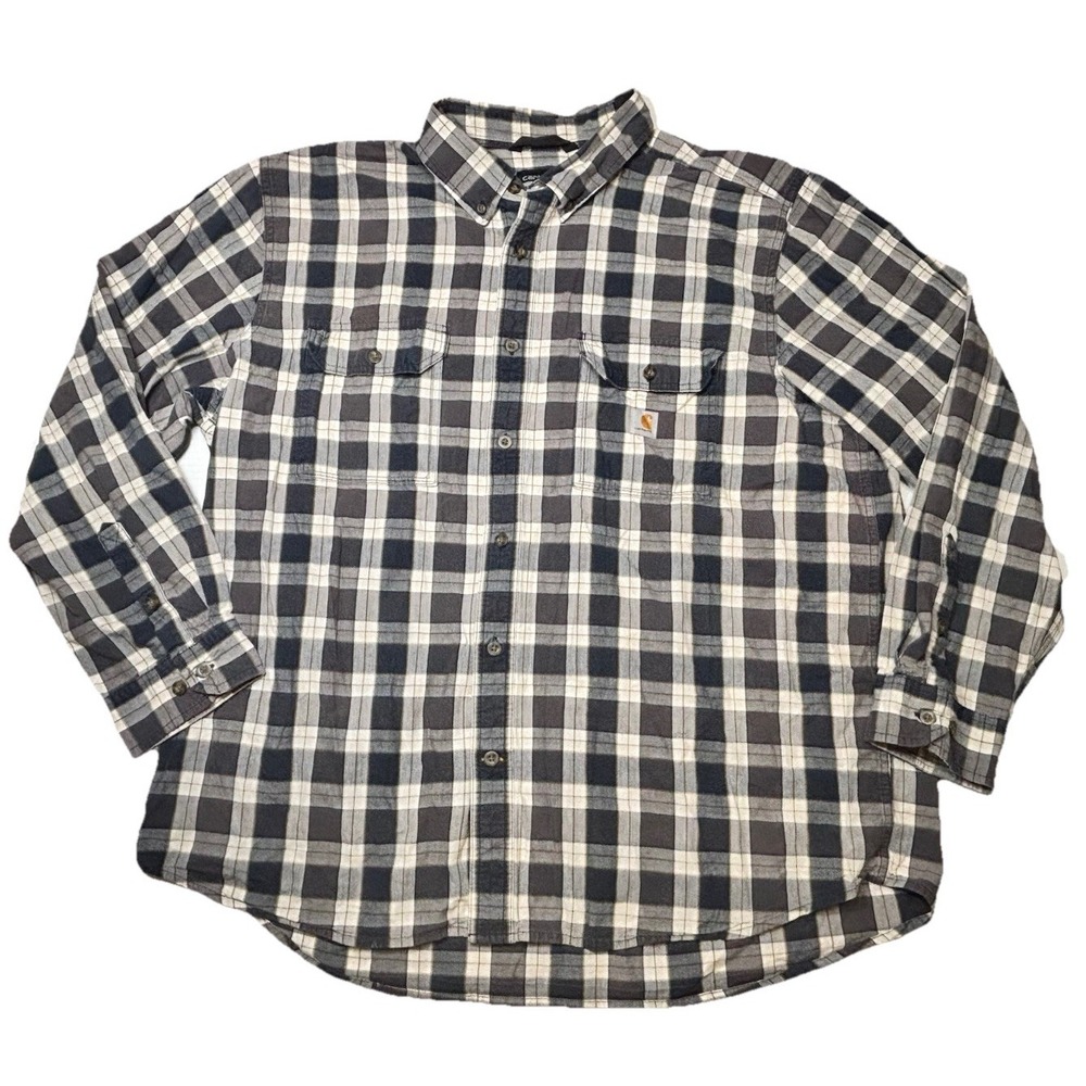Carhartt‎ Plaid Flannel Shirt Mens 2XL Loose Fit Gray Blue Work Button Up